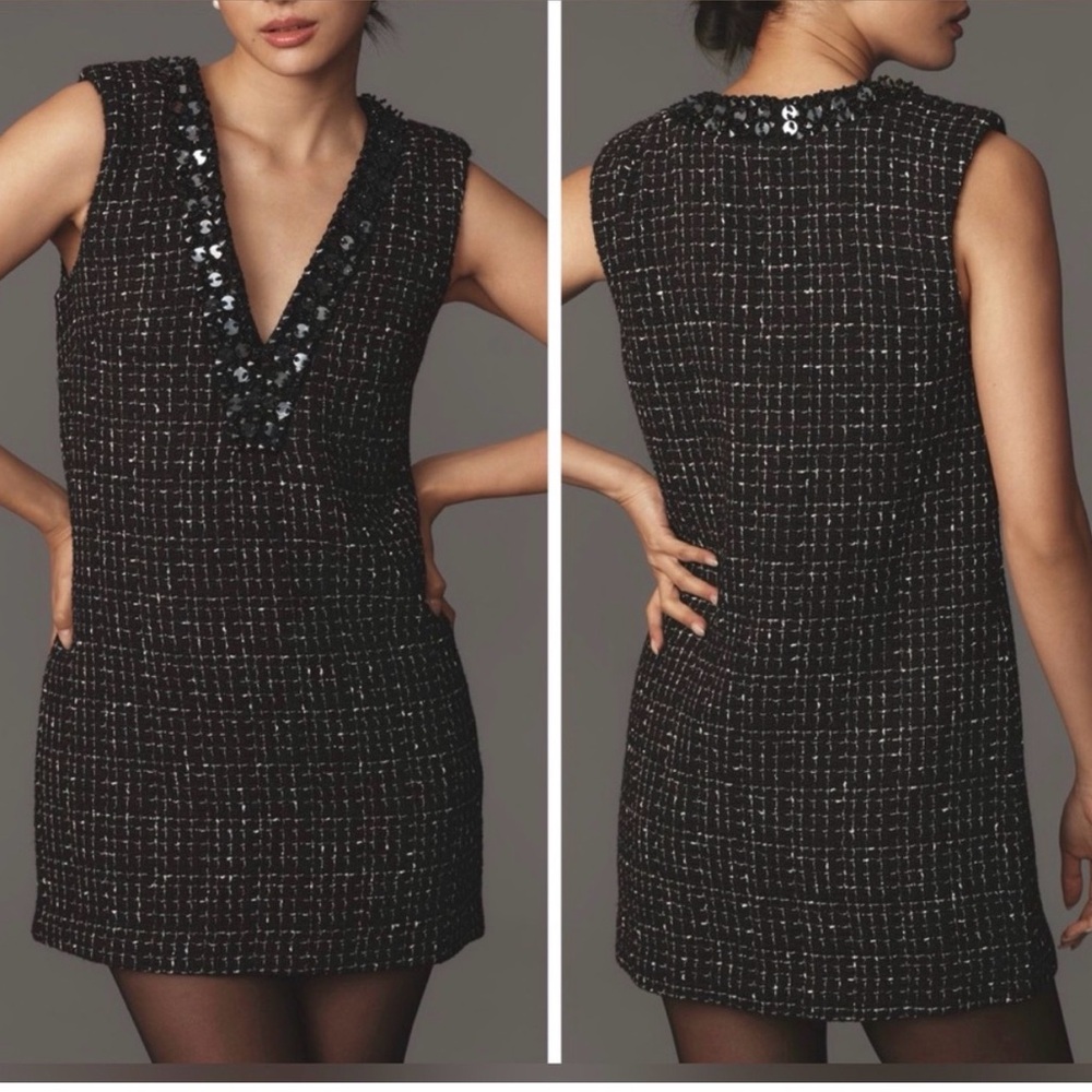 Anthropologie Maeve Mini Dress Womens XS Black Sequin Old Money Academia Tweed